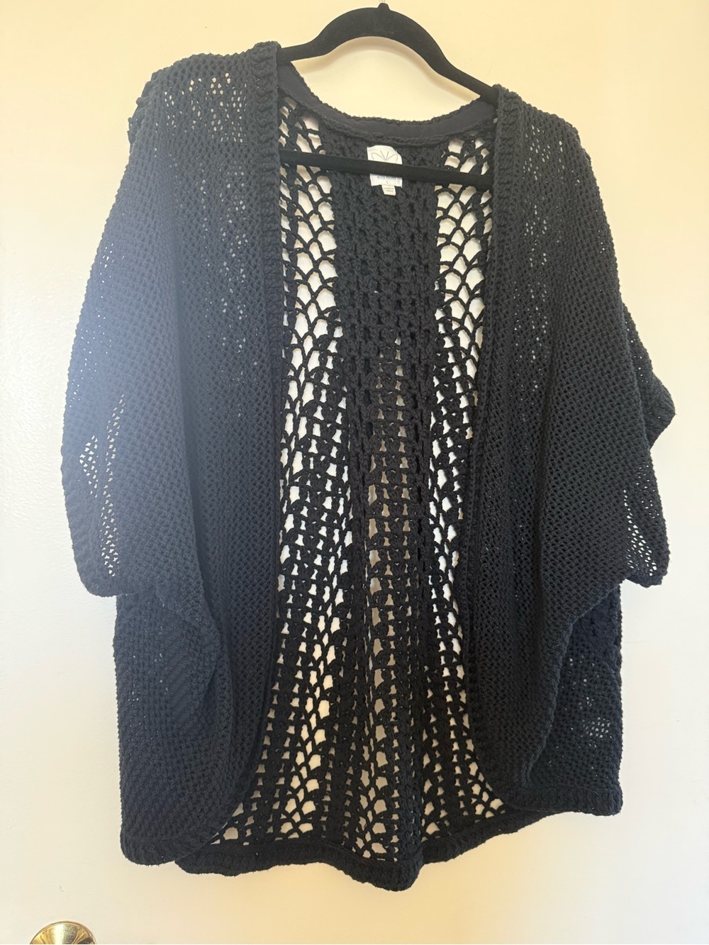 Ella Moss Black Short Sleeve Open-Weave 100% Cotton Crochet Cardigan Large